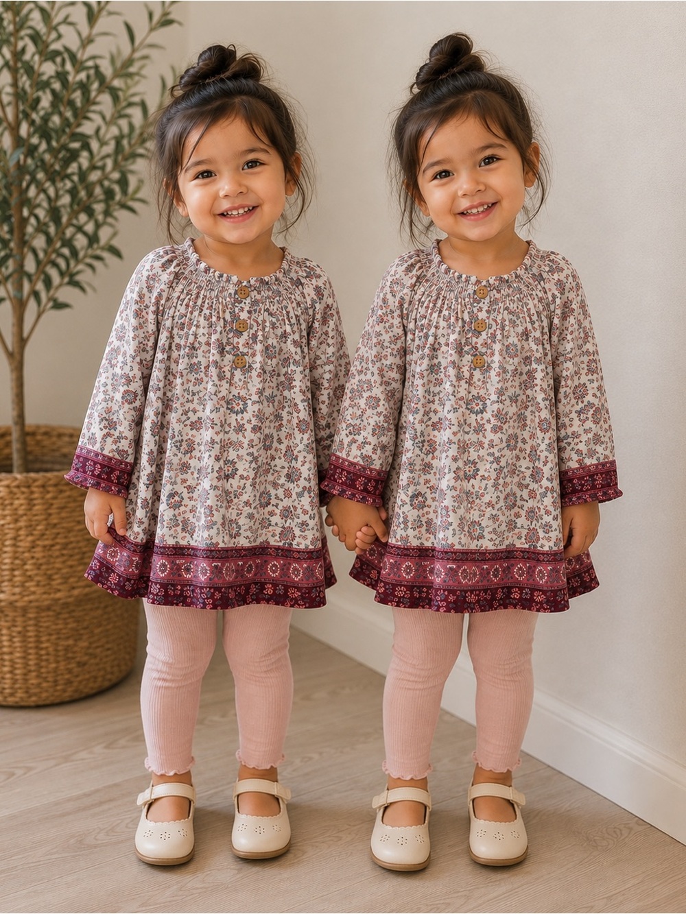2 Zara Floral Long-Sleeve dresses in Cream and Burgundy